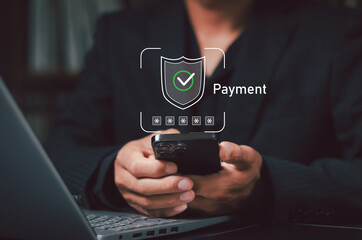 Secure online payment, Digital banking, Payment successful, Fintech solutions for seamless transactions and data protection, Online banking, Businessman authorizes an online payment via smartphone.