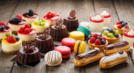 A variety of colorful pastries and desserts on a wooden table.