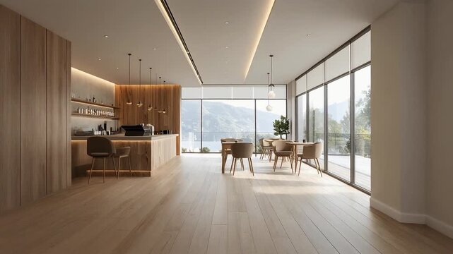 自然光と木製家具が調和したモダンカフェラウンジの落ち着いた雰囲気