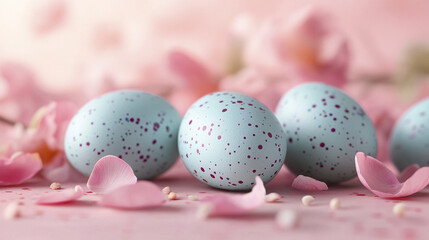 Whimsical Easter scene with pastel blue speckled eggs surrounded by soft pink flower petals on delicate pink background, creating gentle and festive atmosphere