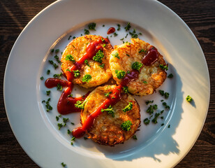 Fototapeta premium Hash browns served with ketchup and parsley garnish on wooden table