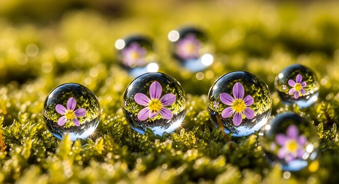 Close-up of water droplets on moss, each reflecting a vibrant pink flower with a yellow center, creating a miniature floral world. - Powered by Adobe
