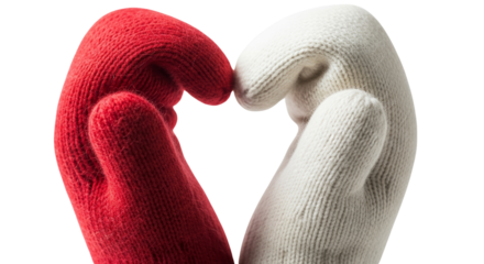 Pair of wool mittens forming heart shape isolated on a transparent background