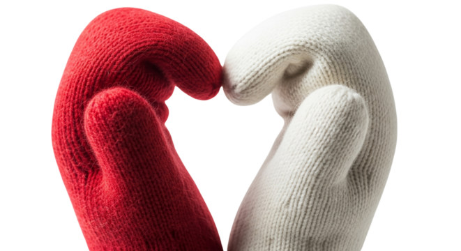 Pair of wool mittens forming heart shape isolated on a transparent background 