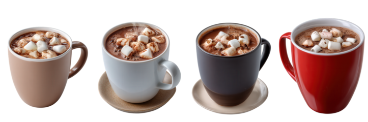 A delightful collection of four individual mugs, each brimming with rich, warm hot chocolate, generously topped with soft, fluffy marshmallows, perfect for a cozy drink on a chilly day
