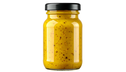 Yellow, seedy mustard in clear jar against black background