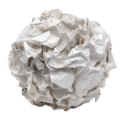 Crumpled white paper ball shows texture and detail close up on white background