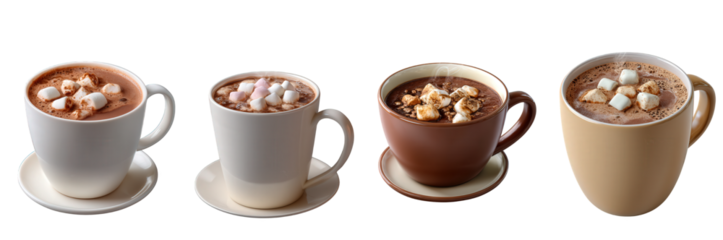 An inviting array of hot chocolate mugs, each generously crowned with soft, fluffy white marshmallows, presenting a comforting and cozy winter beverage collection, ideal for chilly moments