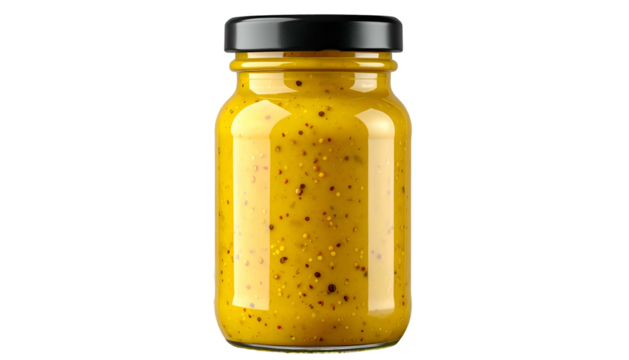 Yellow, seedy mustard in clear jar against black background