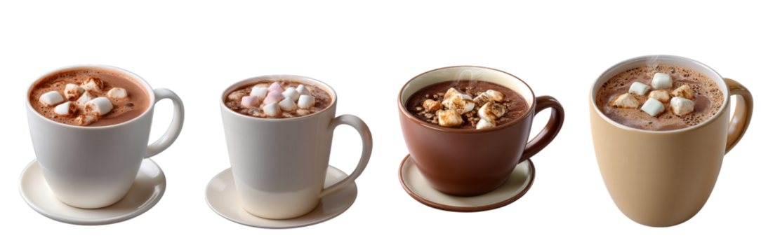 An inviting array of hot chocolate mugs, each generously crowned with soft, fluffy white marshmallows, presenting a comforting and cozy winter beverage collection, ideal for chilly moments