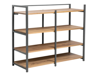 Four-tier industrial-style shelving unit with wood grain shelves