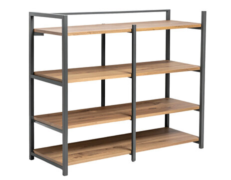 Four-tier industrial-style shelving unit with wood grain shelves
