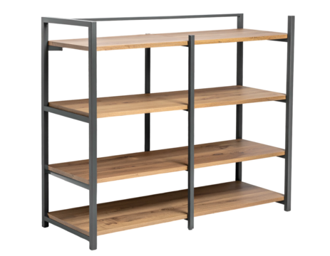 Four-tier industrial-style shelving unit with wood grain shelves