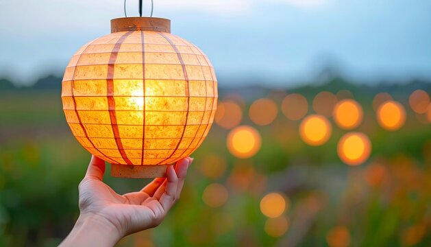 Glowing Lantern held in hand at dusk