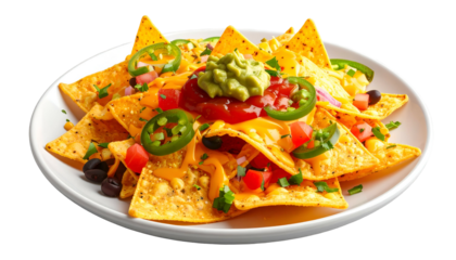 Platter of nachos with toppings cheese, peppers, guacamole, salsa