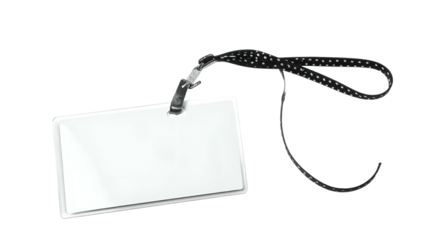 Blank, clear ID badge with a black lanyard against a black backdrop
