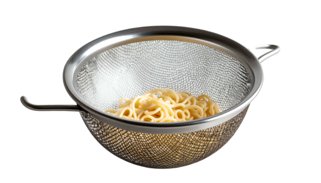 Spaghetti in a fine mesh strainer, isolated on a dark background