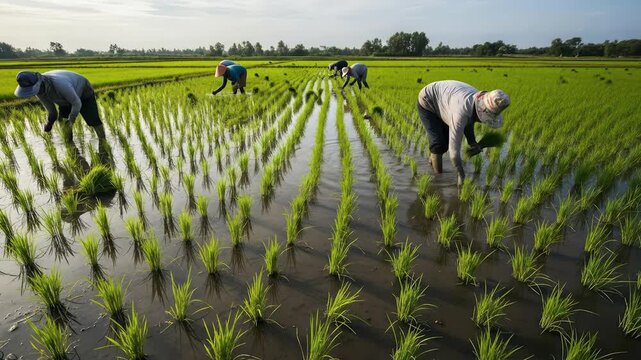 Farmers planting rice seedlings in a flooded paddy field at sunset.