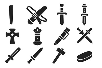 Obraz premium Sword Accessories Icons. Solid style icons of sword accessories: sword sheath, sword belt, sword hilt, jeweled handle, blade guard
