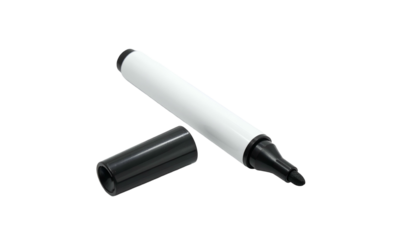 White barrel marker with black cap separated, isolated on black