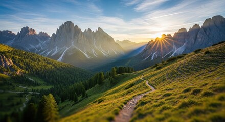 Sunrise over majestic mountain range with winding hiking trail leading through lush green meadows.