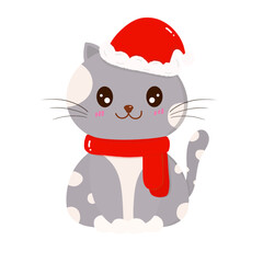 Cat with Santa hat and  red scarf.Happy smiling cat clipart.Cute kitten in gray color.Hand drawn kawaii Christmas Santa animal cartoon.