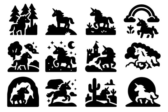 Magical Unicorn Scenes. Solid style icons of unicorn scenes: unicorn in forest, unicorn on hill, unicorn under rainbow, unicorn in