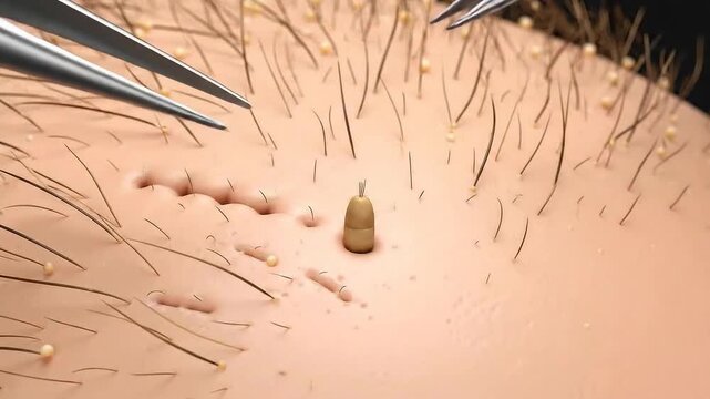 Close Up of Skin with Tweezers Removing Blocked Pore and Hair Follicles Illustrating Dermatology Treatments for Skincare