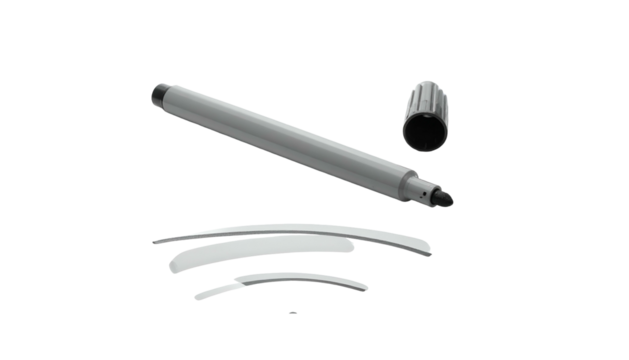 Gray marker with lines and removed cap on a black background