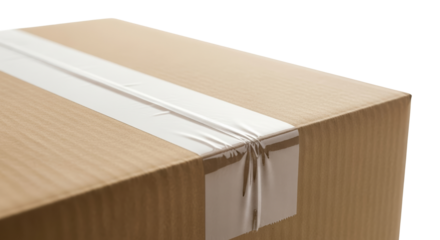Close-up of a cardboard parcel sealed with adhesive tape for delivery  isolated on a transparent background 