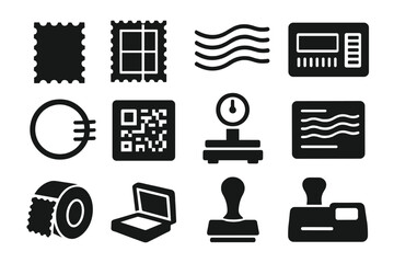 Postage Icons Collection. Solid style icons of postage: single postage stamp, stamp sheet, cancellation mark, barcode postage