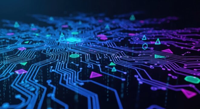A complex circuit board with neon lights and geometric shapes on a black background. - Powered by Adobe
