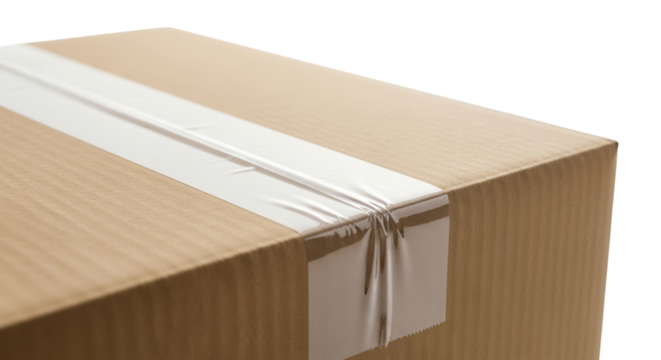Close-up of a cardboard parcel sealed with adhesive tape for delivery isolated on a transparent background