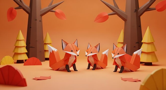 Three stylized paper foxes are depicted in an autumn forest scene with orange leaves and geometric trees.