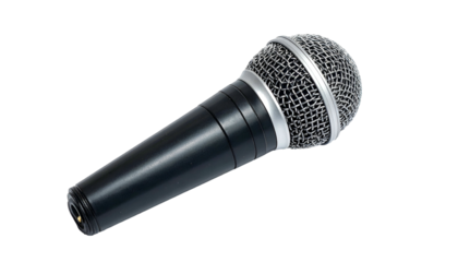 Black microphone with silver grill on a black background