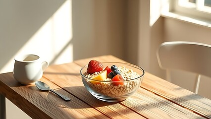 advantageous. A simple, wholesome breakfast on a sunlit wooden table with a beam of light illuminating a bowl of oats and fruit. menu design.