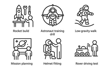 Space Camp Icons. Line style icons of space camp activities: rocket build station, astronaut training drill, low-gravity walk icon