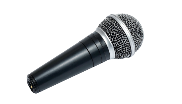 Black microphone with silver grill on a black background