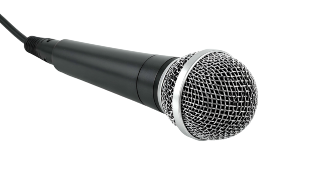 Black microphone with silver grille laying on a black surface
