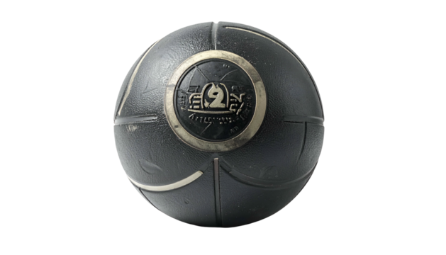 Black sphere with segmented surface and embedded emblem