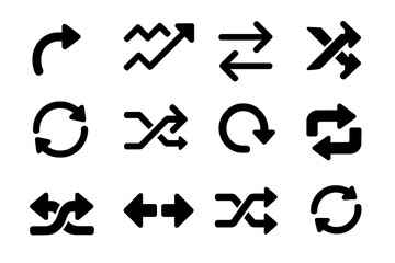 Dynamic Arrow Icons. Solid style icons of Arrows movement: curved arrow, zigzag arrows, parallel arrows, diagonal arrows, circular