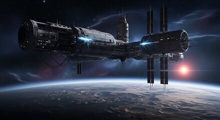 Futuristic space station orbits a blue planet with city lights visible, set against a backdrop of stars and nebulae.