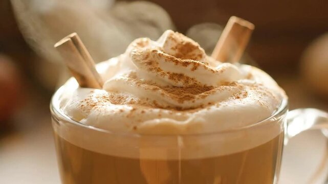 Close-Up of Steaming Pumpkin Spice Latte with Cinnamon Sticks and Whipped Cream Topping in a Clear Glass Mug with Warm Lighting