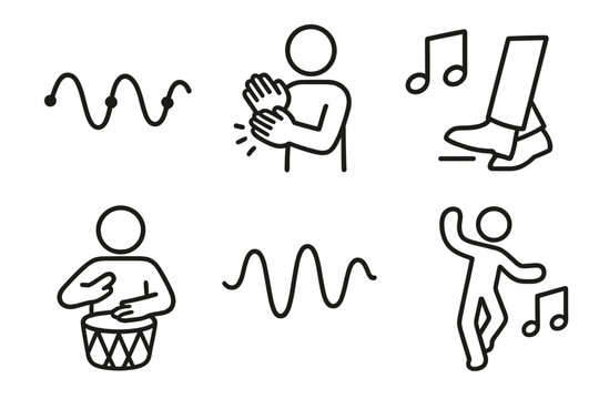 Rhythm and Movement Icons. Line style icons of rhythm and movement: rhythm path icon, body percussion task, beat and step icon,