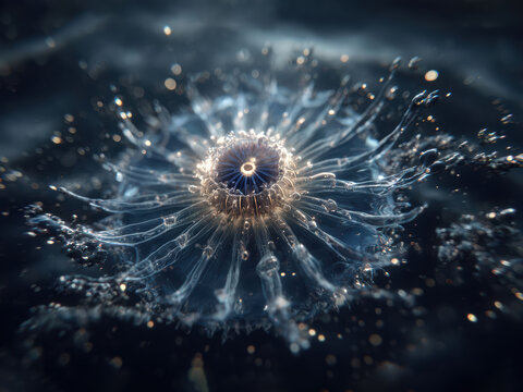 Transparent light creature floating through dark sea with luminescent tendrils and spherical structures, high-quality cinematic image showcasing realistic depiction of detailed marine o - AI-Generated