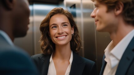 Several coworkers chatting casually while waiting for the elevator, highlighting social communication, human connection, and the informal moments of interaction in professional settings. cinematic