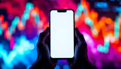 Hands Holding a Modern Smartphone with a Blank White Screen in Front of a Blurry Neon Background of Financial Trading Charts, Concept for Stock Market App, Cryptocurrency, Fintech,