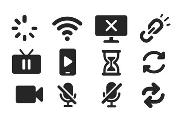 Streaming Control Icons. Solid style icons of streaming control: buffering wheel, signal waves, stream interrupted, connection