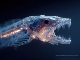 Transparent, light-based sea creature floating, luminescent tendrils, sparkling water, close-up view of jellyfish-like organism, internal structures visible, soft glow, muted color pale - AI-Generated