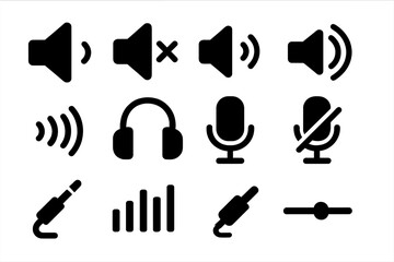 Volume Control Icons. Solid style icons of volume controls: speaker loud, mute speaker, low volume, medium volume, high volume,